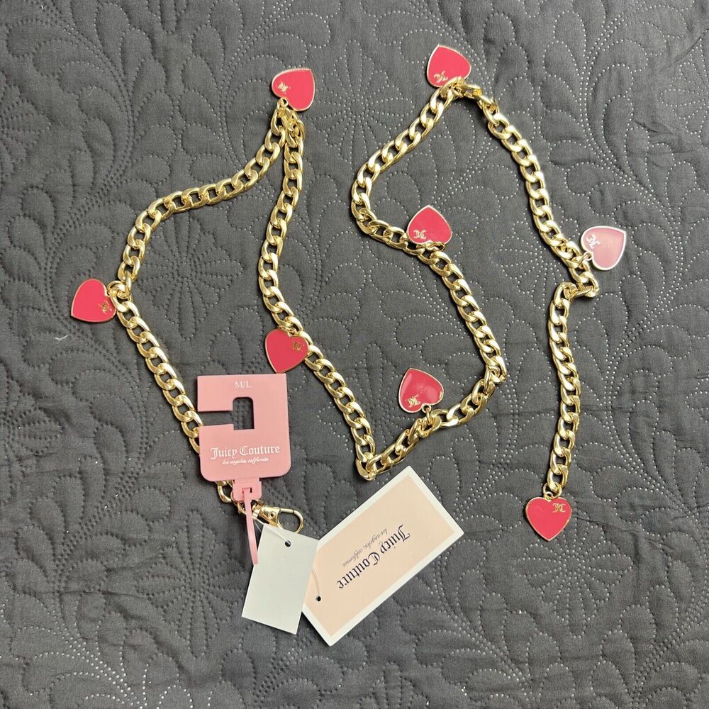 Juicy Couture NWT M/L Charm Belt Chain Gold & Pink Hearts Logo Chic Cute Classy